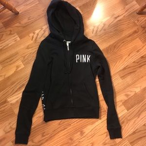 Black zip up hoodie, rhinestones on the back